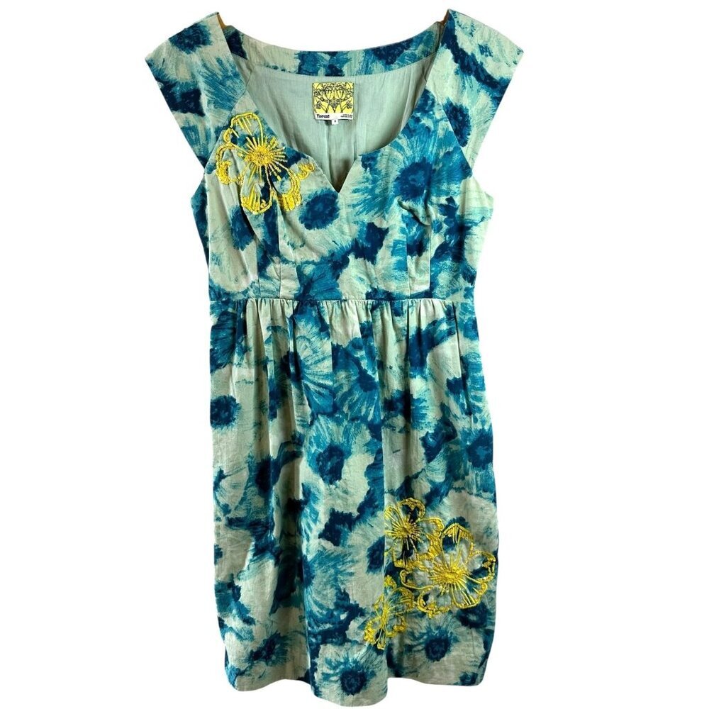 Anthropologie Blue Floral Cap-Sleeve Dress